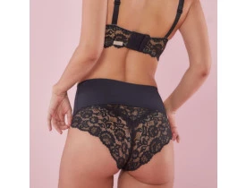 Calcinha Alta Microfibra com Bumbum em Renda Preto. 