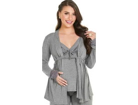 Pijama Gestante e Amamentação Três Peças Mescla Cinza. 