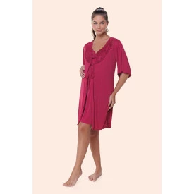 Conjunto Camisola Amamentação e Kimono com Renda Vinho