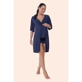 Conjunto Camisola Amamentaçao e Kimono com Renda Marinho