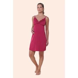Camisola Amamentaçao Poliamida e Detalhes Renda Vinho