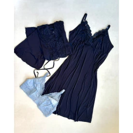 Conjunto Camisola Amamentaçao e Kimono com Renda Marinho