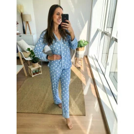 Pijama Longo Estampado Poá Azul