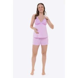 Short Doll Amamentaçao Poliamida Detalhe Rendas Lilás.