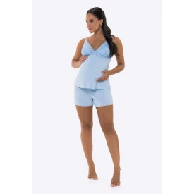 Short Doll Amamentaçao Poliamida Detalhe Rendas Azul.