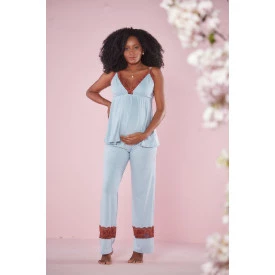 Pijama Gestante e Amamentação Três Peças Azul