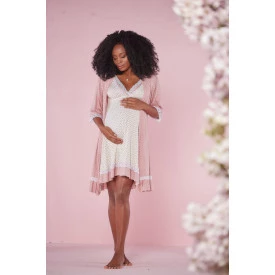 Conjunto Camisola Amamentação e Robe Poá Rosê/Creme