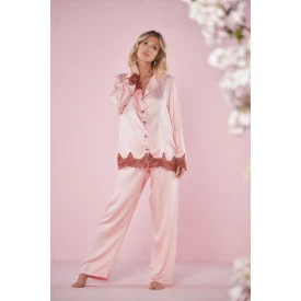 Pijama Manga Longa Acetinado Rosê e Bronze