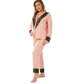 Pijama Longo Rosê com detalhes em Renda Preta