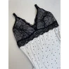 Camisola Amamentação Viscose Off White Poá e Renda Preto