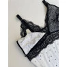 Camisola Amamentação Viscose Off White Poá e Renda Preto